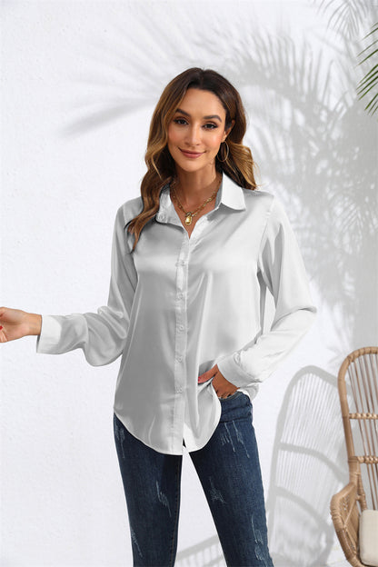 Hot New Items at Buy Center: Women's Solid Color Satin Satin Long Sleeve Blouse Gray