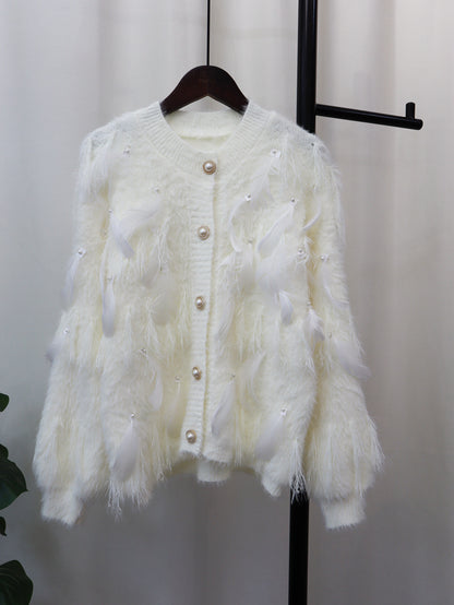 Just Arrived at Buy Center: Artificial Mink Fur Gentle Design Feather Beaded Tassel Knitted Cardigan Sweater Coat Beige Free Size