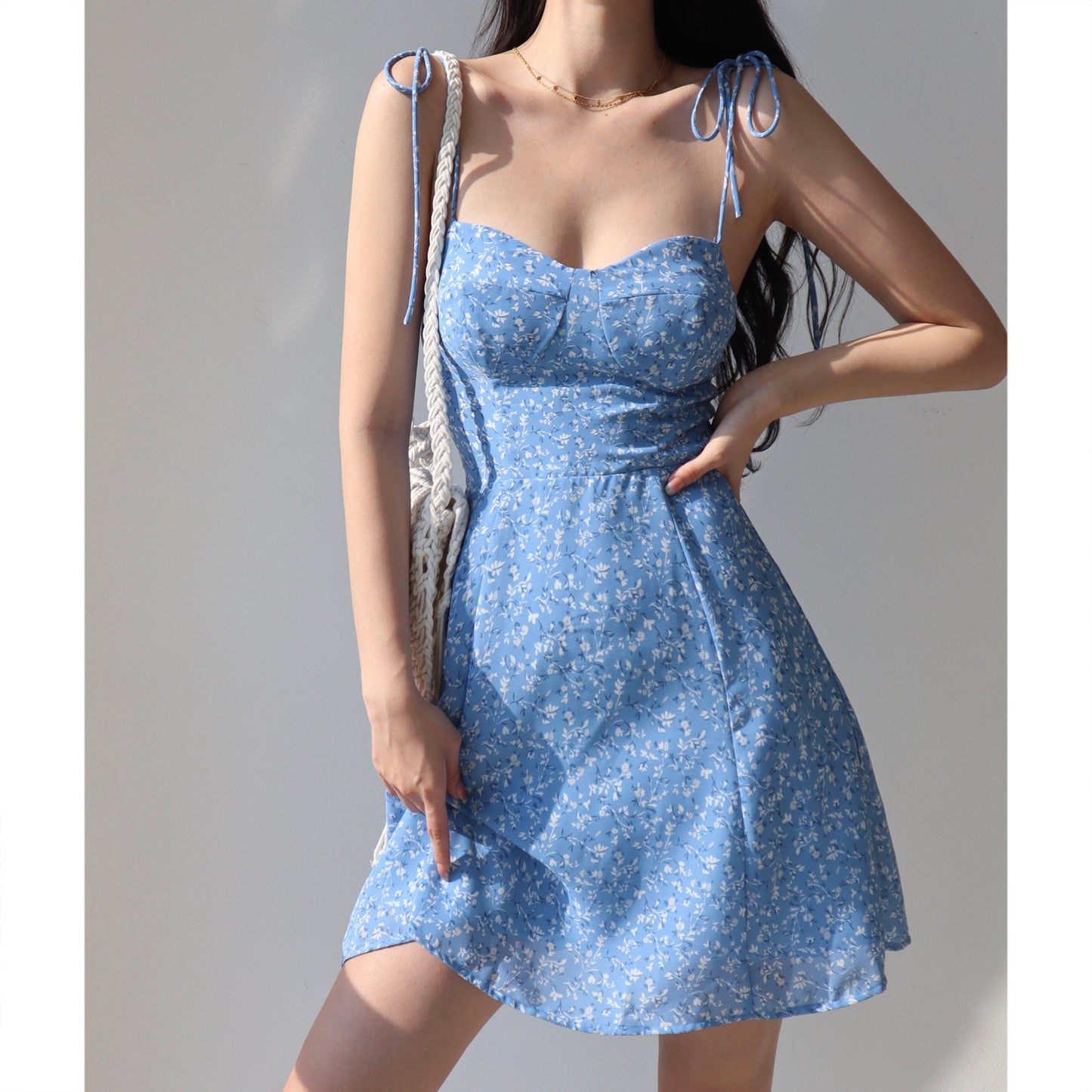 Just Arrived at Buy Center: Girl Blue Laced Floral Strap Dress A- Line Vacation Style