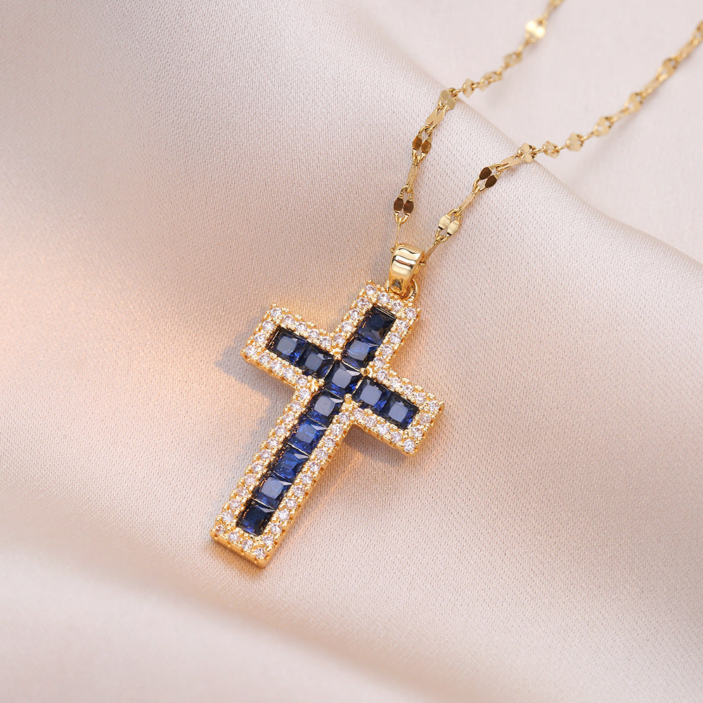 Trending Now at Buy Center: Women's Cross Simple Fashion Titanium Steel Inlaid Color Zircon Fashion Necklace X1352 Blue