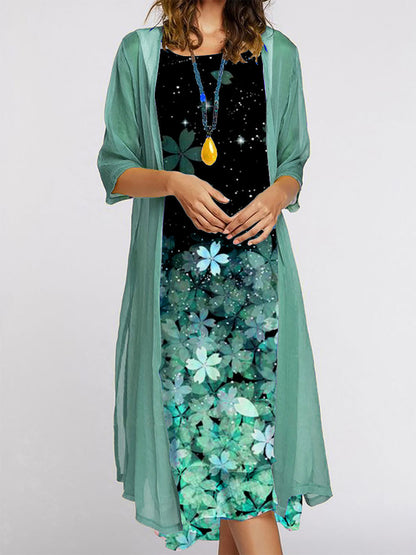 Just Arrived at Buy Center: Women's Dress Two-piece Set Flowers And Plants Printed Round Neck Dress And Coat Flower Green