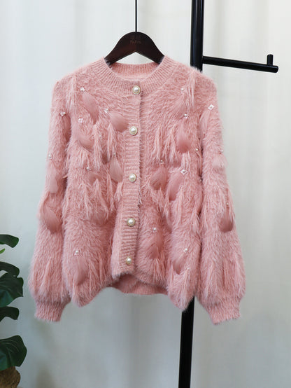 Just Arrived at Buy Center: Artificial Mink Fur Gentle Design Feather Beaded Tassel Knitted Cardigan Sweater Coat Pink Free Size