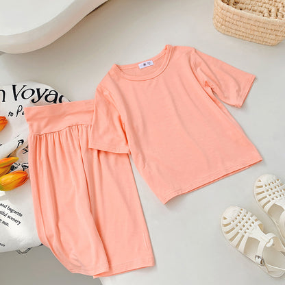 Hot New Items at Buy Center: Modal Children's Pajamas Short-sleeved Thin Bellyband Homewear Suit Wide Waist Orange Pink