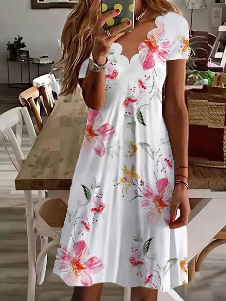 Newly Released at Buy Center: Printed Fluted Collar Short Sleeve Mid-length Dress White Flowers