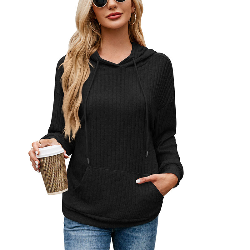 Fresh Arrivals at Buy Center: Women's Knitwear Hooded Sunken Stripe Kangaroo Pocket Sweatshirt