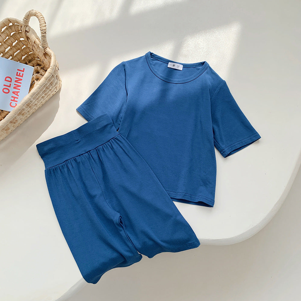 Hot New Items at Buy Center: Modal Children's Pajamas Short-sleeved Thin Bellyband Homewear Suit Wide Waist Sapphire Blue