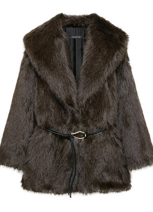 New Faux Fur Plush Lapel And Waist Tight Coat