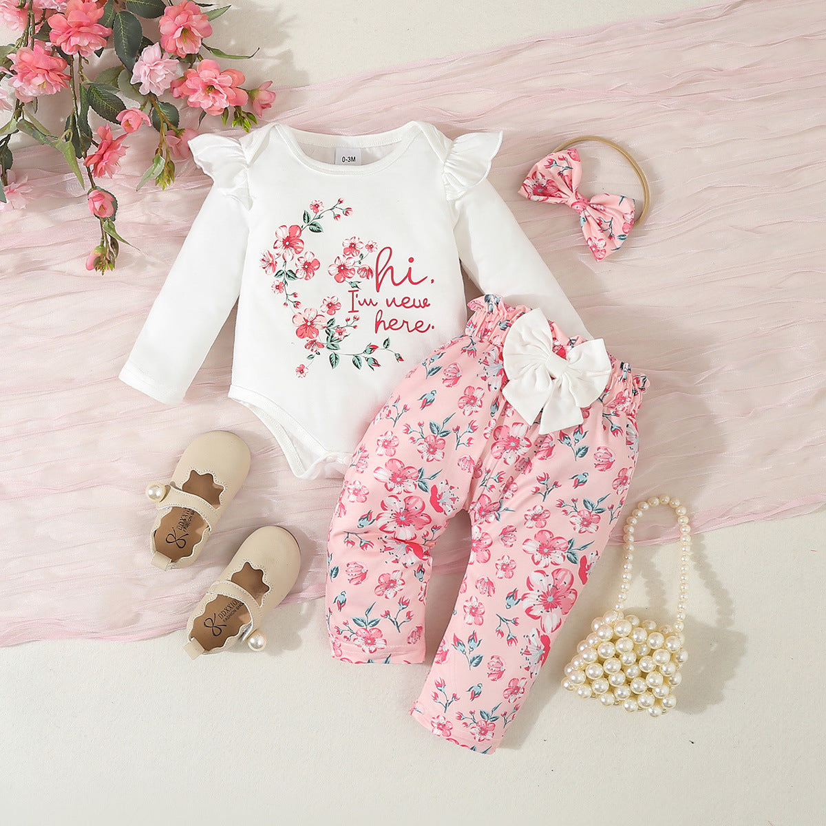 Fresh Arrivals at Buy Center: Infant Long Sleeve Pants Letter Floral Bow Print 3 Piece Set Suit LC145