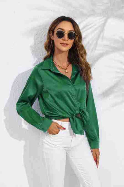 Hot New Items at Buy Center: Women's Solid Color Satin Satin Long Sleeve Blouse Green