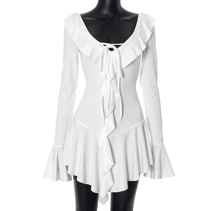 Just Arrived at Buy Center: zRuffled Pointed Collar Rope Bell Sleeve Dress White