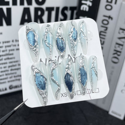 Fresh on the Scene at Buy Center: Hand-worn Armor Ocean Blue Cat Eye Liquid Mid-length Long Tip