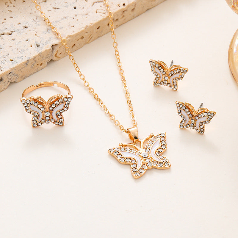 New Diamond Butterfly Necklace Ring Earings Set