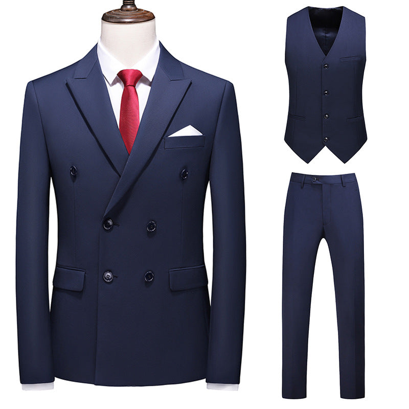 Hot New Arrivals at Buy Center: Men's Oversized Double Breasted Solid Color Suit Three Piece Set Navy Blue