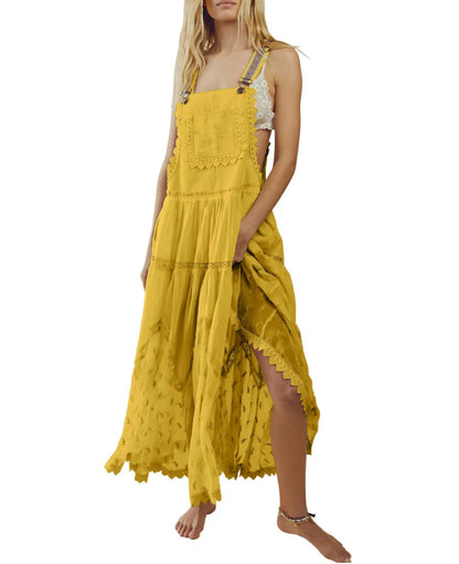 New Women's Lace Embroidery Dress Adjustable Shoulder Strap Yellow