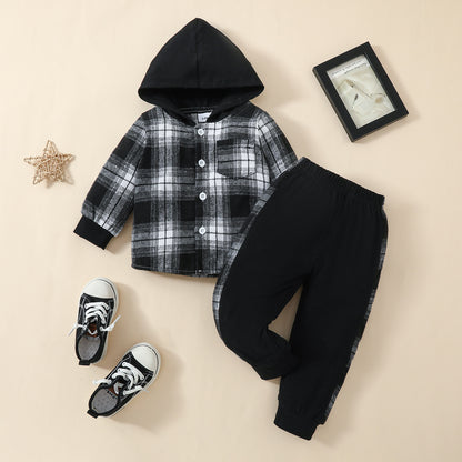 Newly Released at Buy Center: Toddler Baby Boy Classic Plaid Hooded Long Sleeve Shirt Contrast Color Trousers Suit