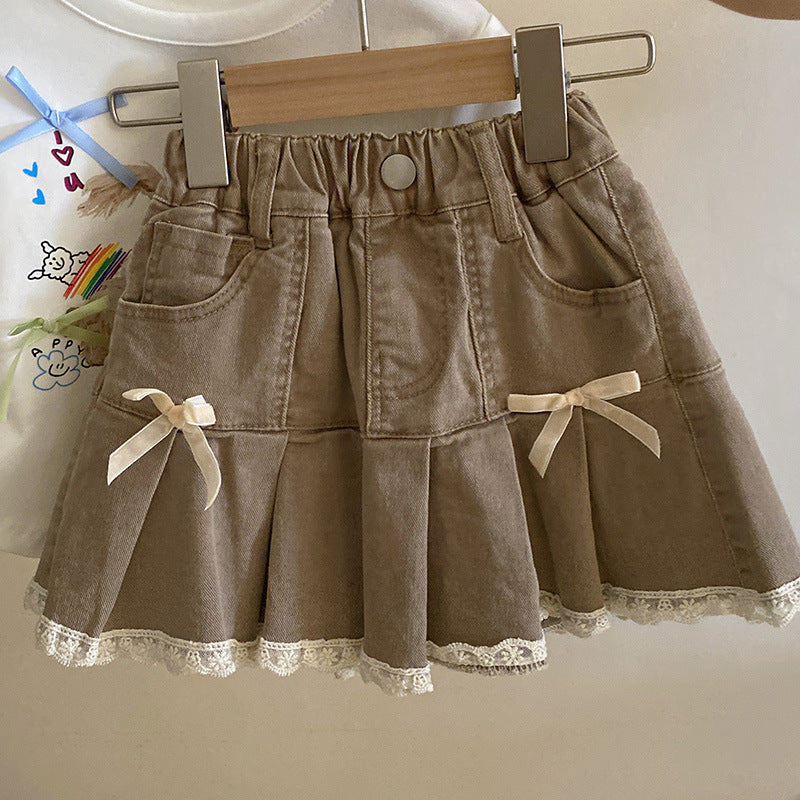 Newly Arrived at Buy Center: Cute Cartoon Puppy Bow Short Sleeve T-shirt Lace Edge Denim Skirt Denim Skirt