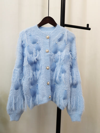 Just Arrived at Buy Center: Artificial Mink Fur Gentle Design Feather Beaded Tassel Knitted Cardigan Sweater Coat Blue Free Size