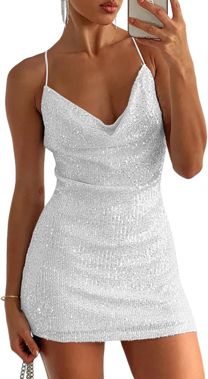 New Sexy Hot Girl Sequin Hip Skirt Backless Dress White