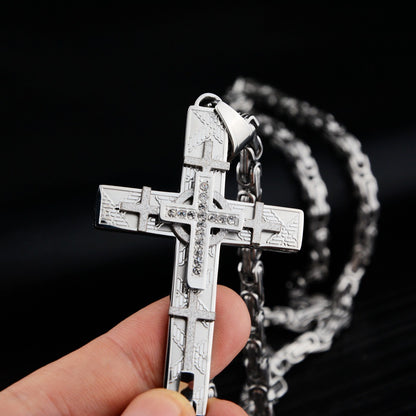 Now Available at Buy Center: Men's Creative National Fashion Personality Multi-layer Cross Jeweled Pendant Titanium Steel Necklace Cross 60cm