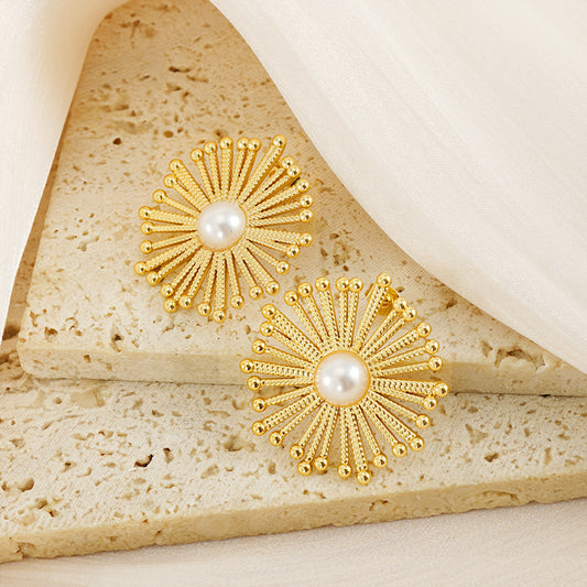 New Gold Stainless Steel Flower Pearl Stud Earrings