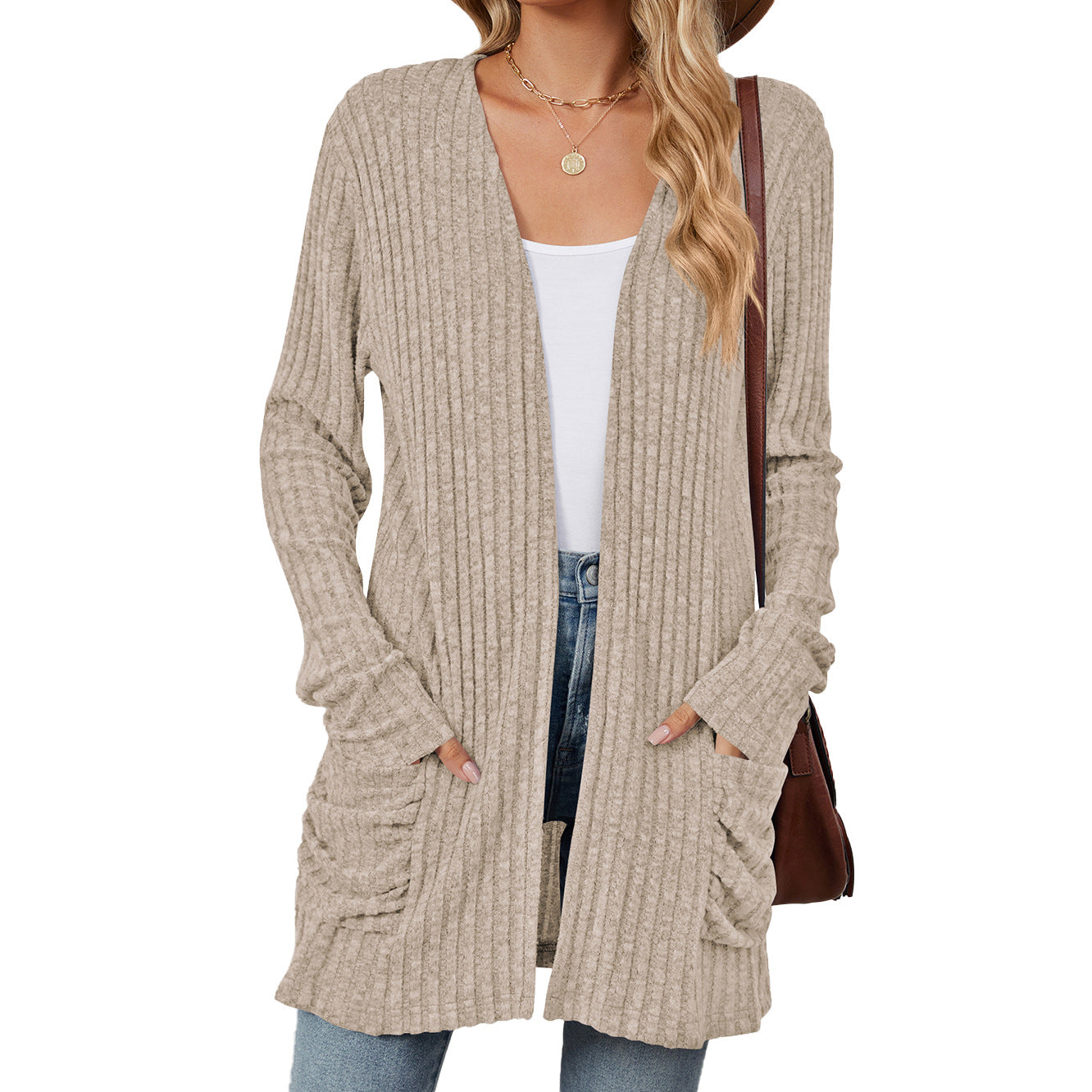 Just Arrived at Buy Center: Solid Color Pocket Long Sleeve Bottoming Cardigan Knitwear Khaki