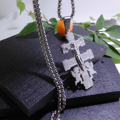 Hot New Items at Buy Center: Men's Pearl Chain Flat Titanium Steel Exorcism Guardian Angel Pendant Necklace Steel With 3mm Bead Necklace