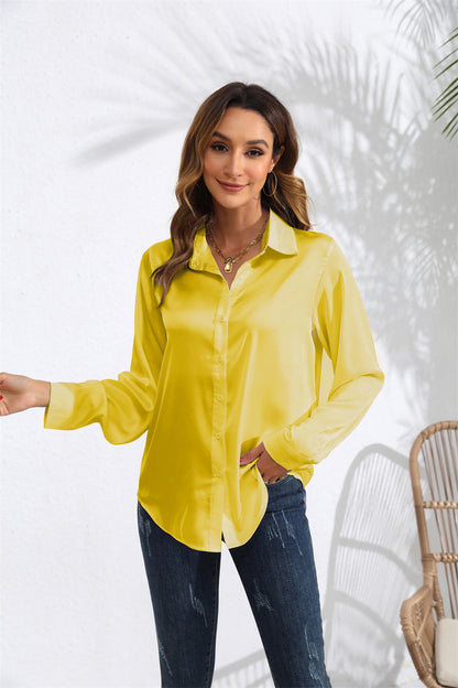 Hot New Items at Buy Center: Women's Solid Color Satin Satin Long Sleeve Blouse Yellow