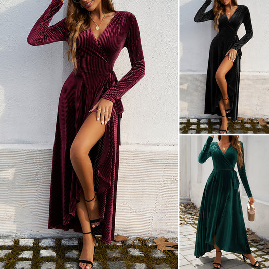 Just Arrived at Buy Center: Autumn And Winter Elegant Pure Desire V-neck High Waist Slit Dress