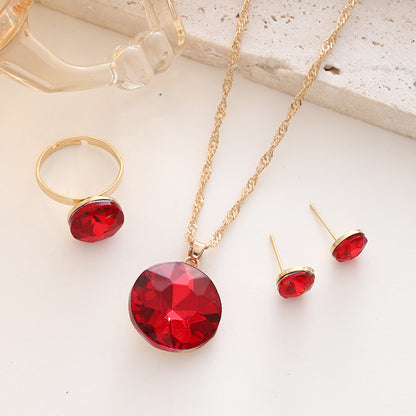 New Jewelry Suit Women's Round Crystal Zircon Necklace CK0263 Red Set Of 3