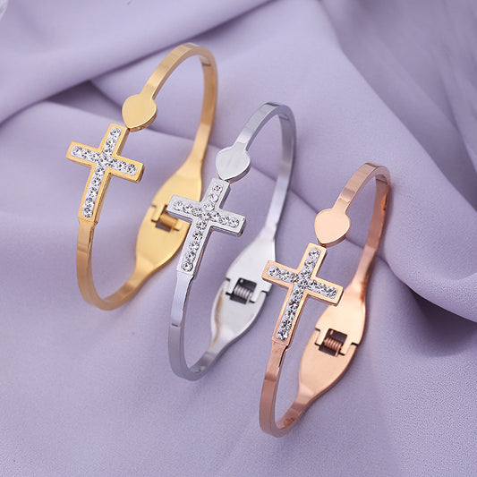 Trending Now at Buy Center: Women's Creative Double Layer Cross Diamond Loving Heart With Opening Stainless Steel Bracelet