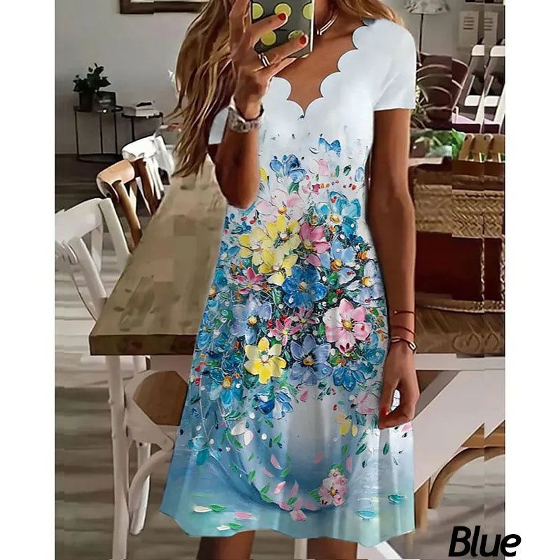 Newly Released at Buy Center: Printed Fluted Collar Short Sleeve Mid-length Dress Blue