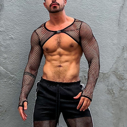 Newly Released at Buy Center: Men's Transparent Fishnet Hollow-out Long-sleeved T-shirt