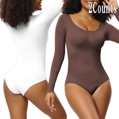 New Jumpsuit Women's Bottoming Shirt Long Sleeve Corset One-piece Corset Brown And White 2PCs Set