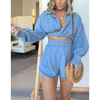 New Fashion Women's Wear Denim Shirt Deep V Long Sleeve Suit