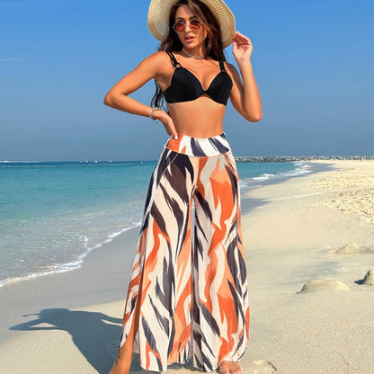 Just Arrived at Buy Center: Swimsuit Women's Bikini Pants Three-piece Suit Black With Dark Stripes Suit