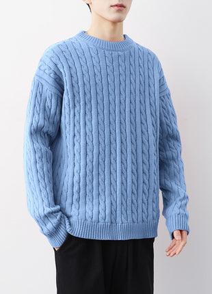 Pull torsadé épais à col rond pour homme, couleur unie, ample