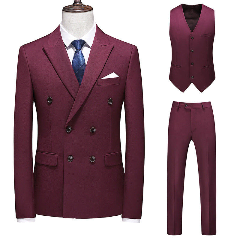 Hot New Arrivals at Buy Center: Men's Oversized Double Breasted Solid Color Suit Three Piece Set Wine Red