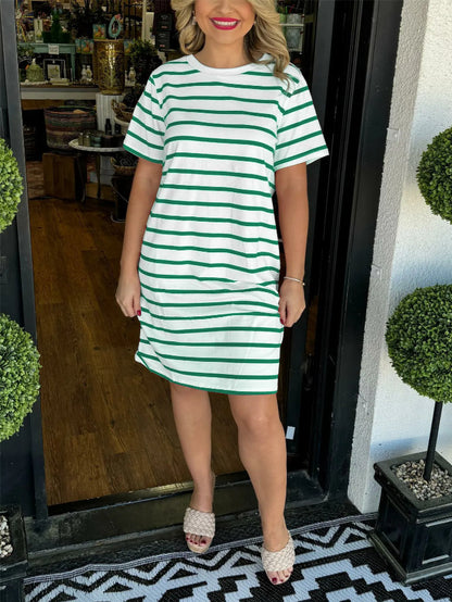 New Fashion Striped Round Neck Dress Women Green On White Background