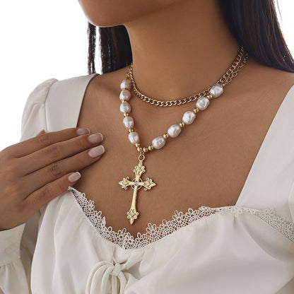 New Fashion Cross Pearl Necklace Suit