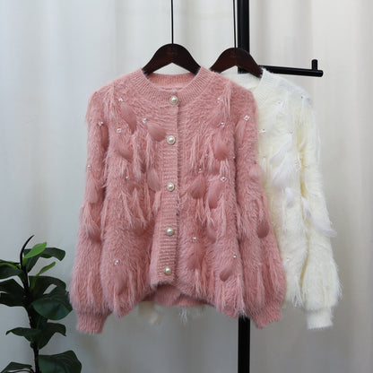 Just Arrived at Buy Center: Artificial Mink Fur Gentle Design Feather Beaded Tassel Knitted Cardigan Sweater Coat