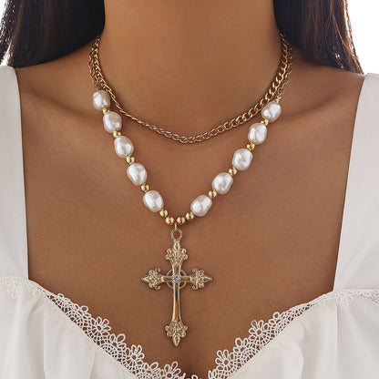 New Fashion Cross Pearl Necklace Suit 01 Gold 5225