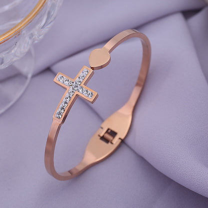 Trending Now at Buy Center: Women's Creative Double Layer Cross Diamond Loving Heart With Opening Stainless Steel Bracelet Rose Gold B115