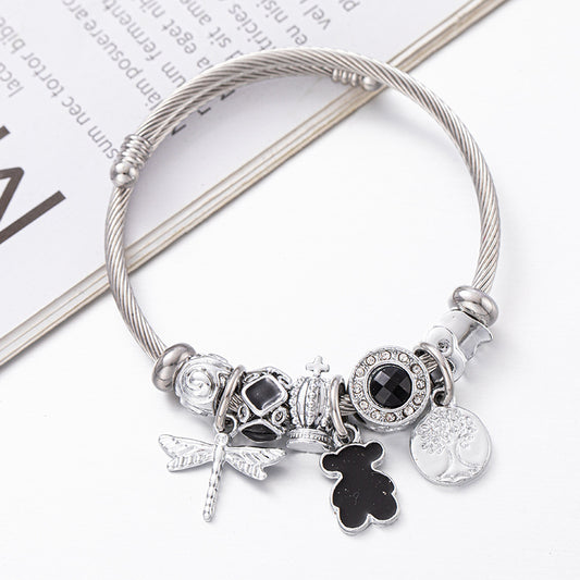 Fresh Arrivals at Buy Center: Beaded Cartoon Crown Bear Stainless Steel Bracelet Black