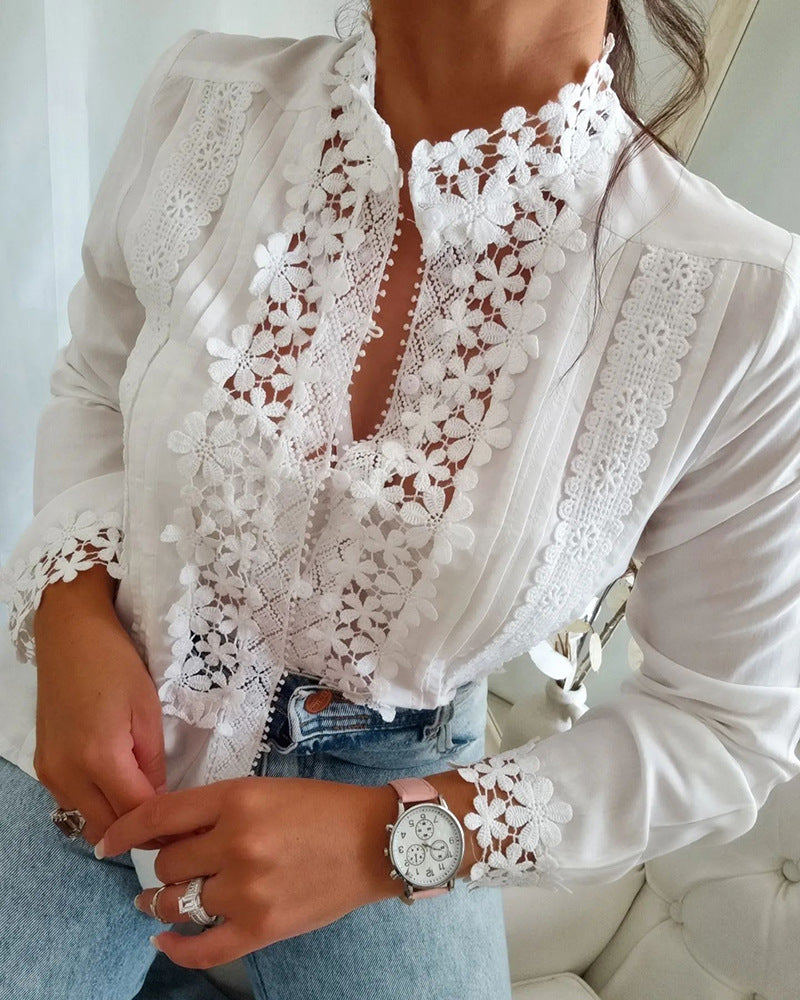 Fresh Arrivals at Buy Center: Women's White Lace Floral Long Sleeve Shirt White