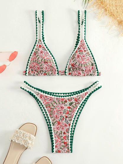 Just Arrived at Buy Center: Women's Fashion Printed Split Bikini Swimsuit Red And Green Pattern