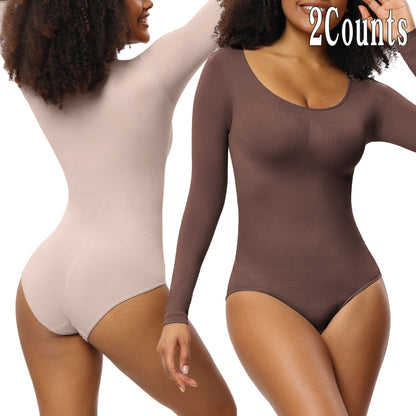 New Jumpsuit Women's Bottoming Shirt Long Sleeve Corset One-piece Corset Skin Brown 2PCs Set