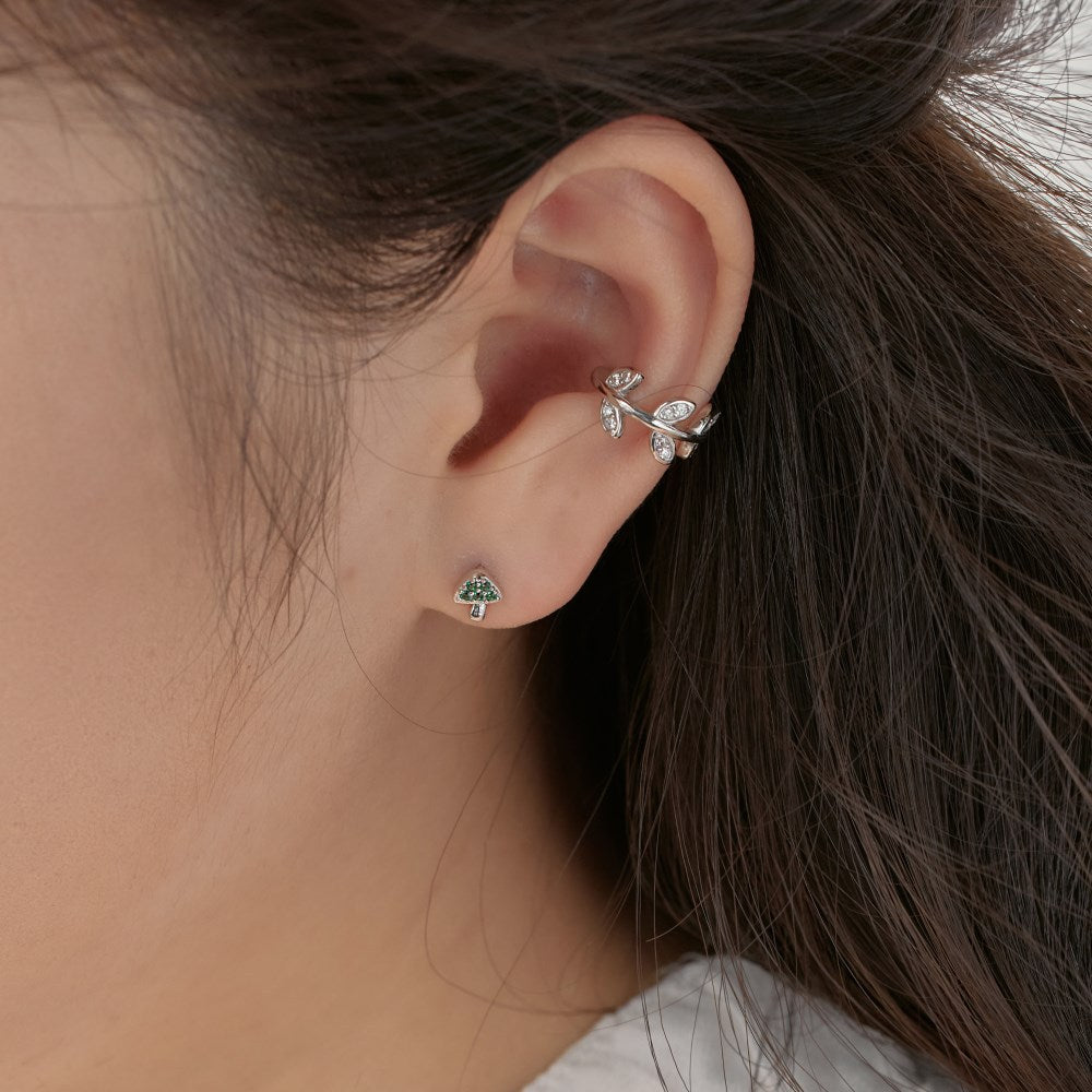 Newly Released at Buy Center: Silver S925 Green Round Zirconium Inlaid Mushroom Left And Right Symmetrical Design Small And Delicate Ear Stud