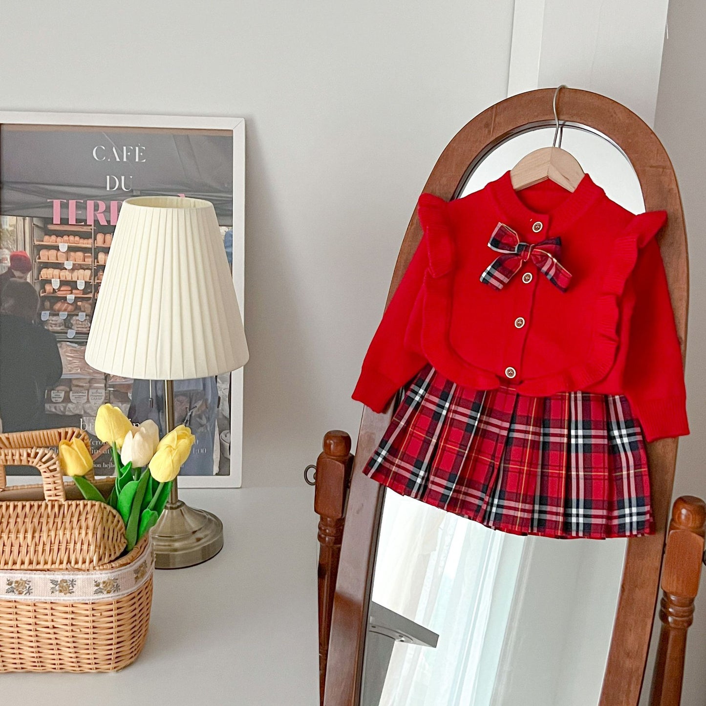 Just Arrived at Buy Center: Children's Spring Clothes Knitted Plaid Pleated Skirt Two-piece Set Red