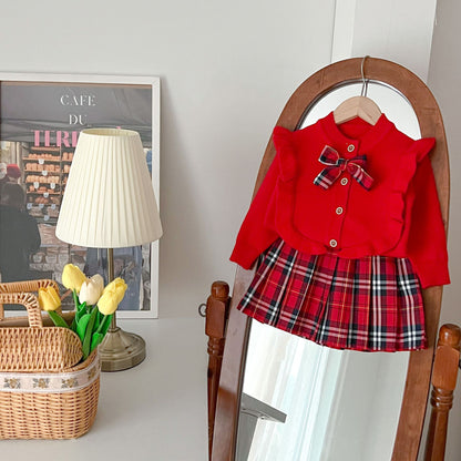 Just Arrived at Buy Center: Children's Spring Clothes Knitted Plaid Pleated Skirt Two-piece Set Red