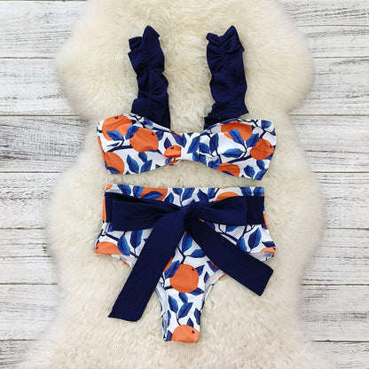 Just Arrived at Buy Center: Women's Printed High Waist Bikini Swimsuit Blue Leaf Orange